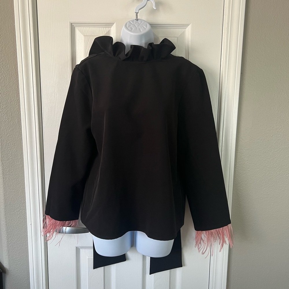 Tuckernuck Faye black ruffle neck tie back top pink feather top medium